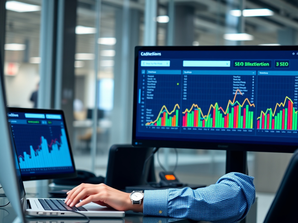 business person managing SEO backlinks on a digital dashboard in a corporate setting