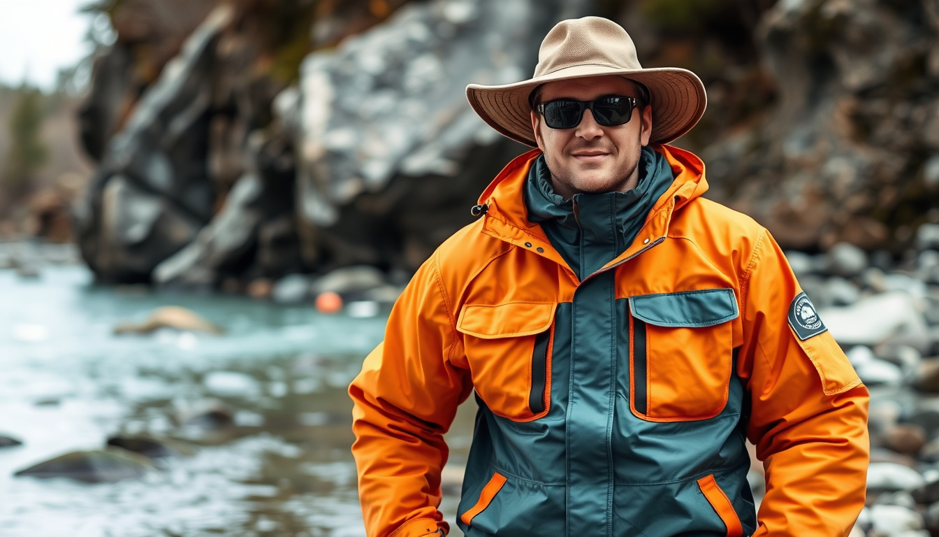 vibrant fishing jacket and hat with multifunctional pockets on rocky riverbank
