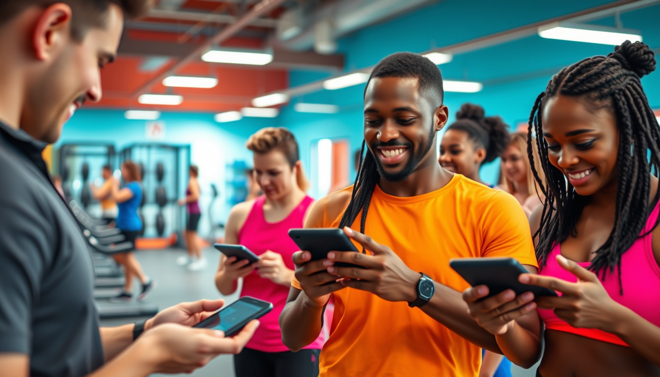  vibrant gym scene with diverse people tracking fitness and nutrition on smart devices