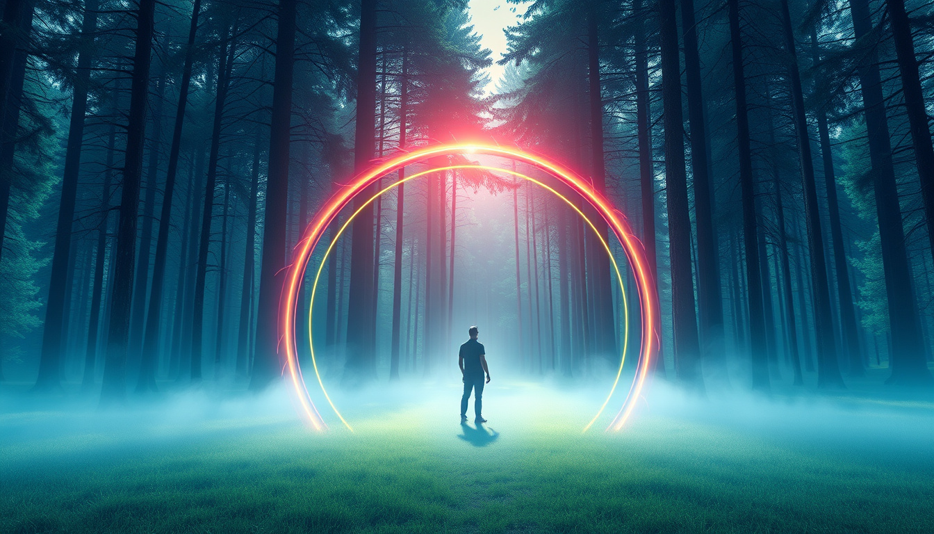  Mystical energy arcs surrounding a serene figure in a tranquil forest