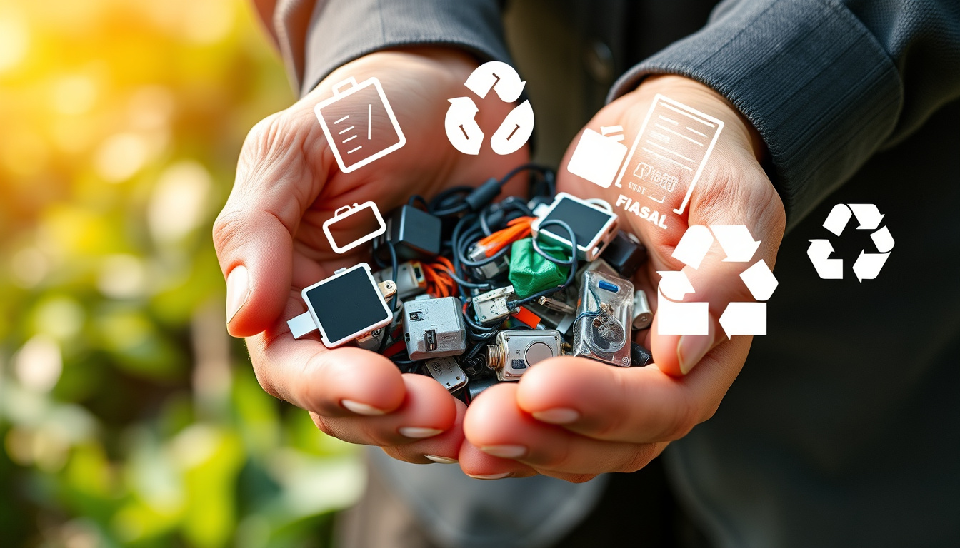  Close-up of hands sorting electronic waste, eco-friendly disposal symbols, nature background