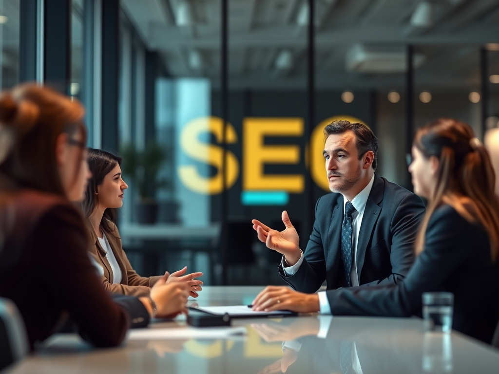 business professional answering SEO-related questions in a corporate setting