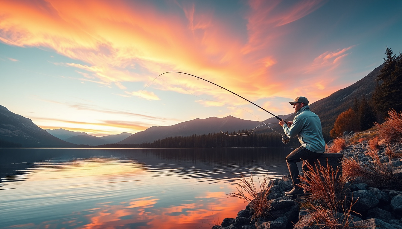  Angler casting a line with vibrant fishing flies over a serene mountain lake at sunrise