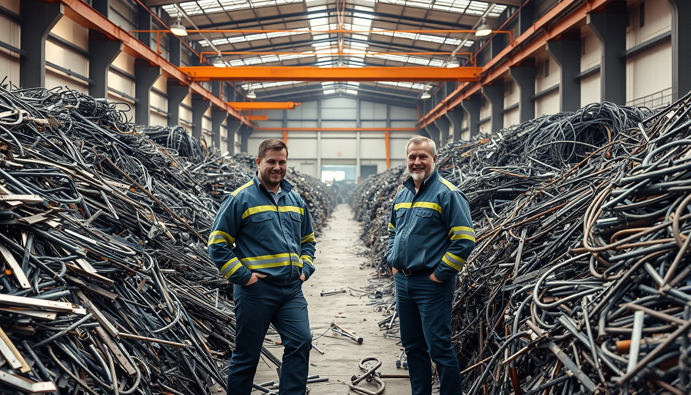  Friendly professionals inspecting large metal scrap heaps under bright lighting