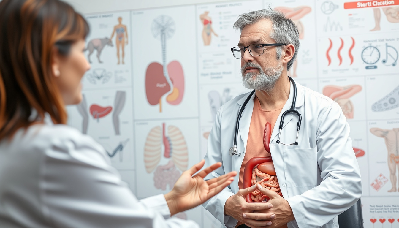  doctor consulting patient about digestive health with anatomical charts background