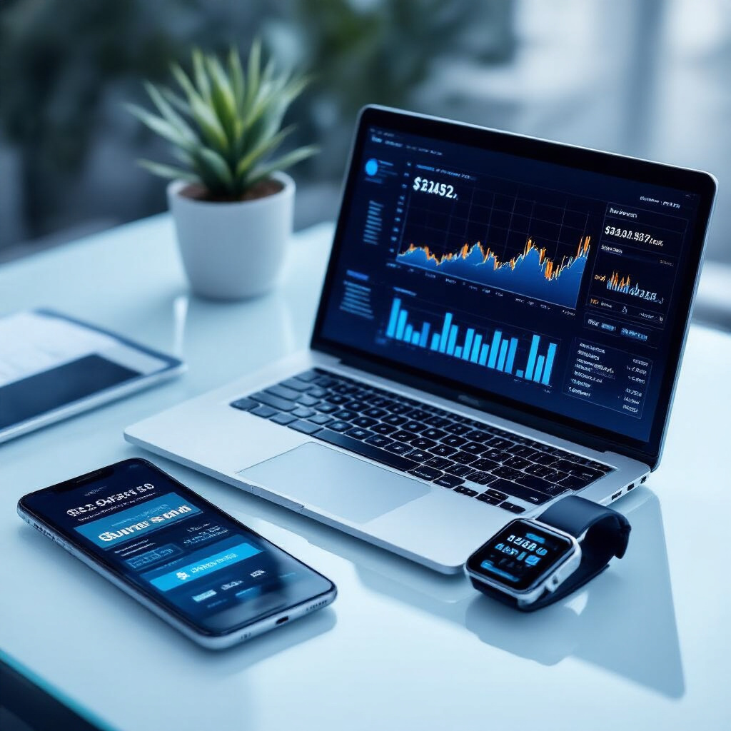 Create a realistic image of a modern workspace with a sleek laptop displaying financial charts and graphs, alongside a smartphone with a banking app open, a smart tablet showing investment analytics, and a smartwatch with payment processing features, all arranged on a clean glass desk with subtle blue lighting, emphasizing the integration of technology in finance.