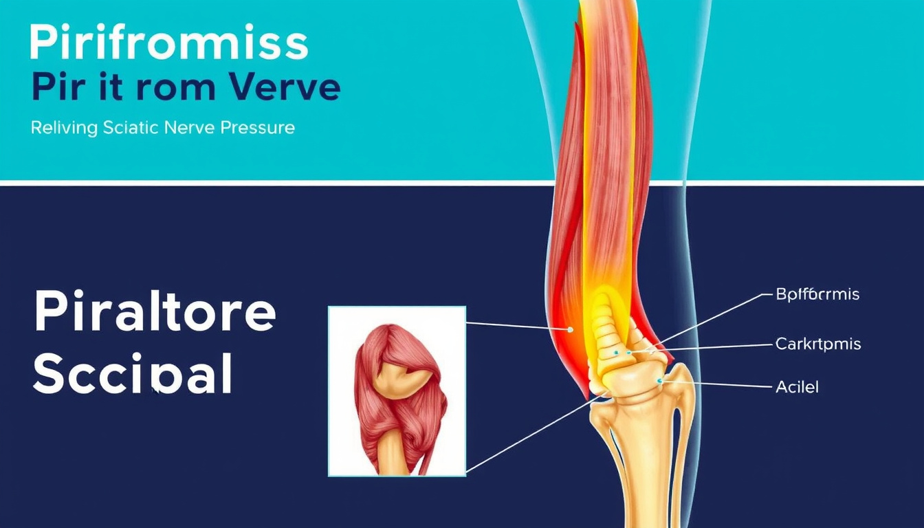  Detailed anatomical illustration of piriformis muscle relieving sciatic nerve pressure, labeled, medical style