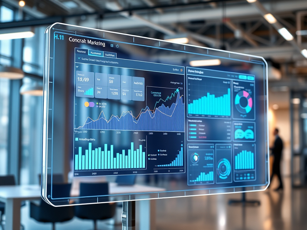 futuristic digital marketing interface displaying AI-driven analytics on a transparent screen in a corporate environment