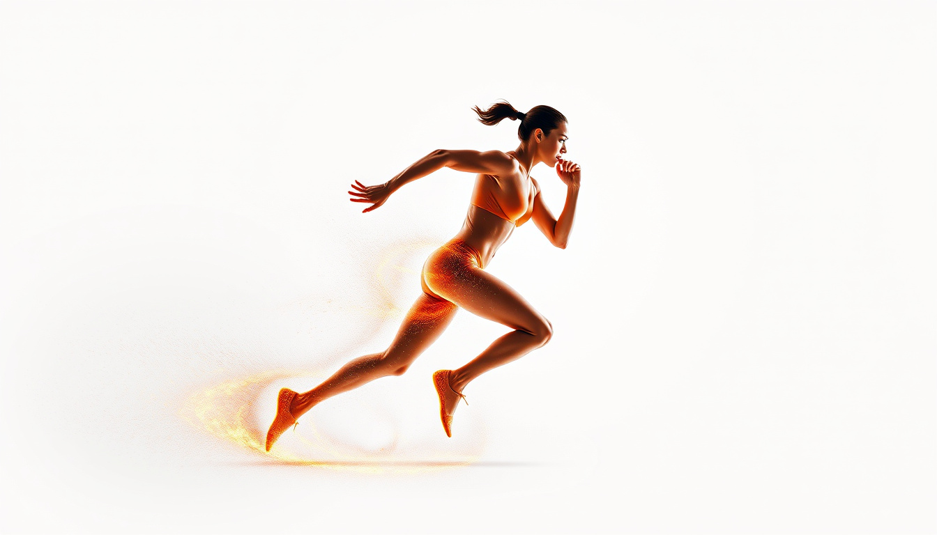  Lean athletic figure in dynamic motion with energy bursts