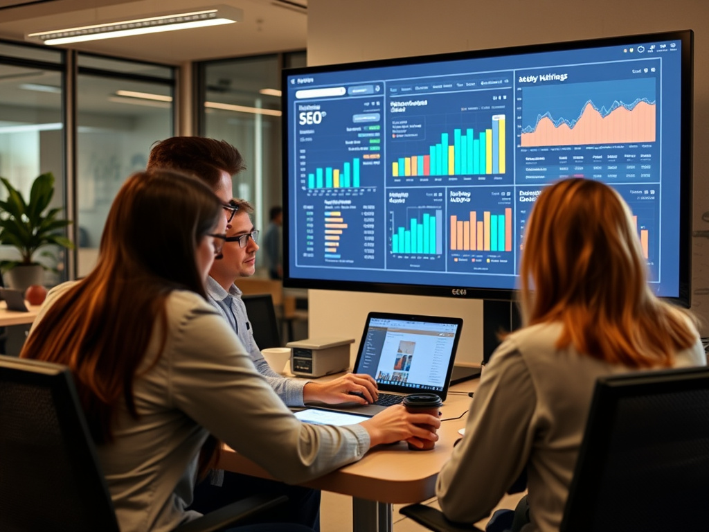 professional digital marketing team analyzing SEO analytics on a large screen in an office environment
