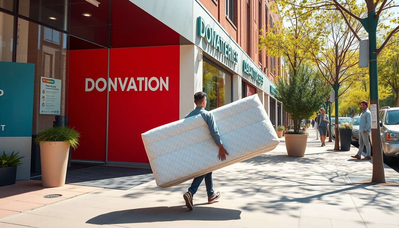  person carrying rolled mattress to donation center, sunny urban setting