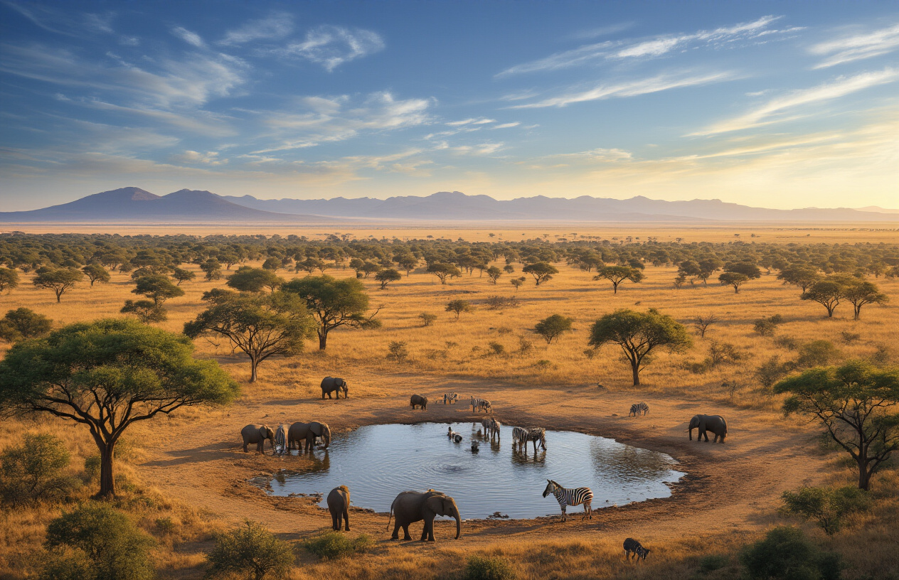 Create a realistic image of a sweeping landscape view of Hwange National Park in Zimbabwe at golden hour, showcasing a vast savanna with scattered acacia trees, a watering hole where elephants and zebras gather, with distant mountains on the horizon, warm orange and gold lighting casting long shadows across the terrain, and a clear blue sky with wispy clouds.