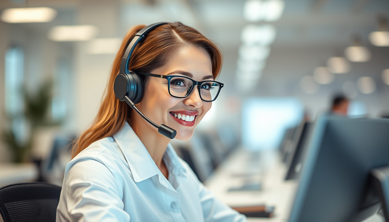  friendly customer service agent answering calls, smiling, seamless communication, technology-driven environment