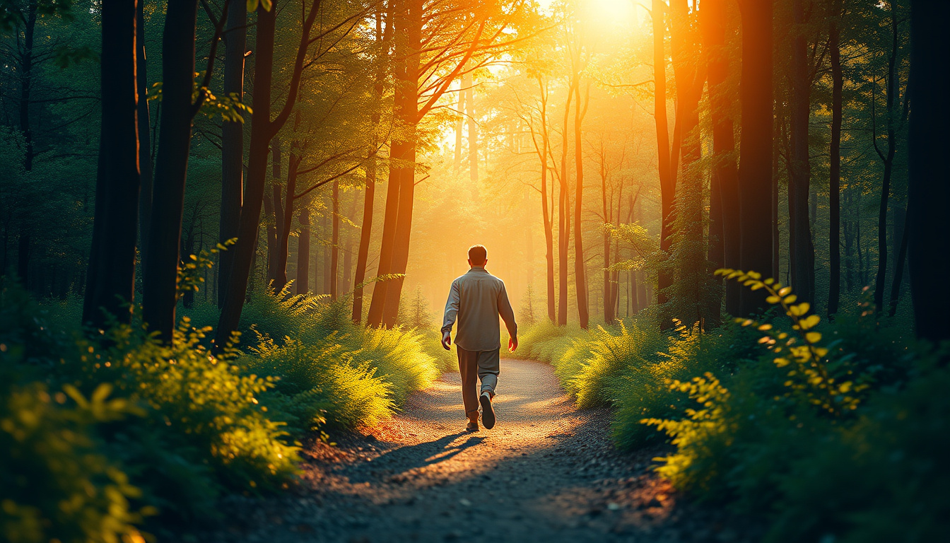  Spiritual seeker walking through a vibrant forest path, glowing aura, warm sunlight filtering through trees