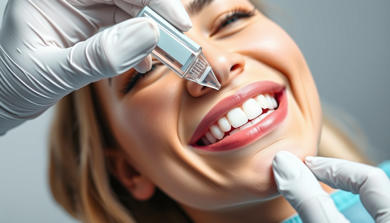  Dentist applying soothing dental gel, close-up of happy patient with relieved expression