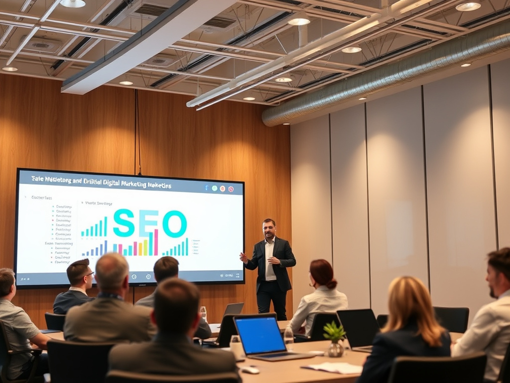 professional digital marketing consultant giving a presentation on SEO strategies in a corporate conference room