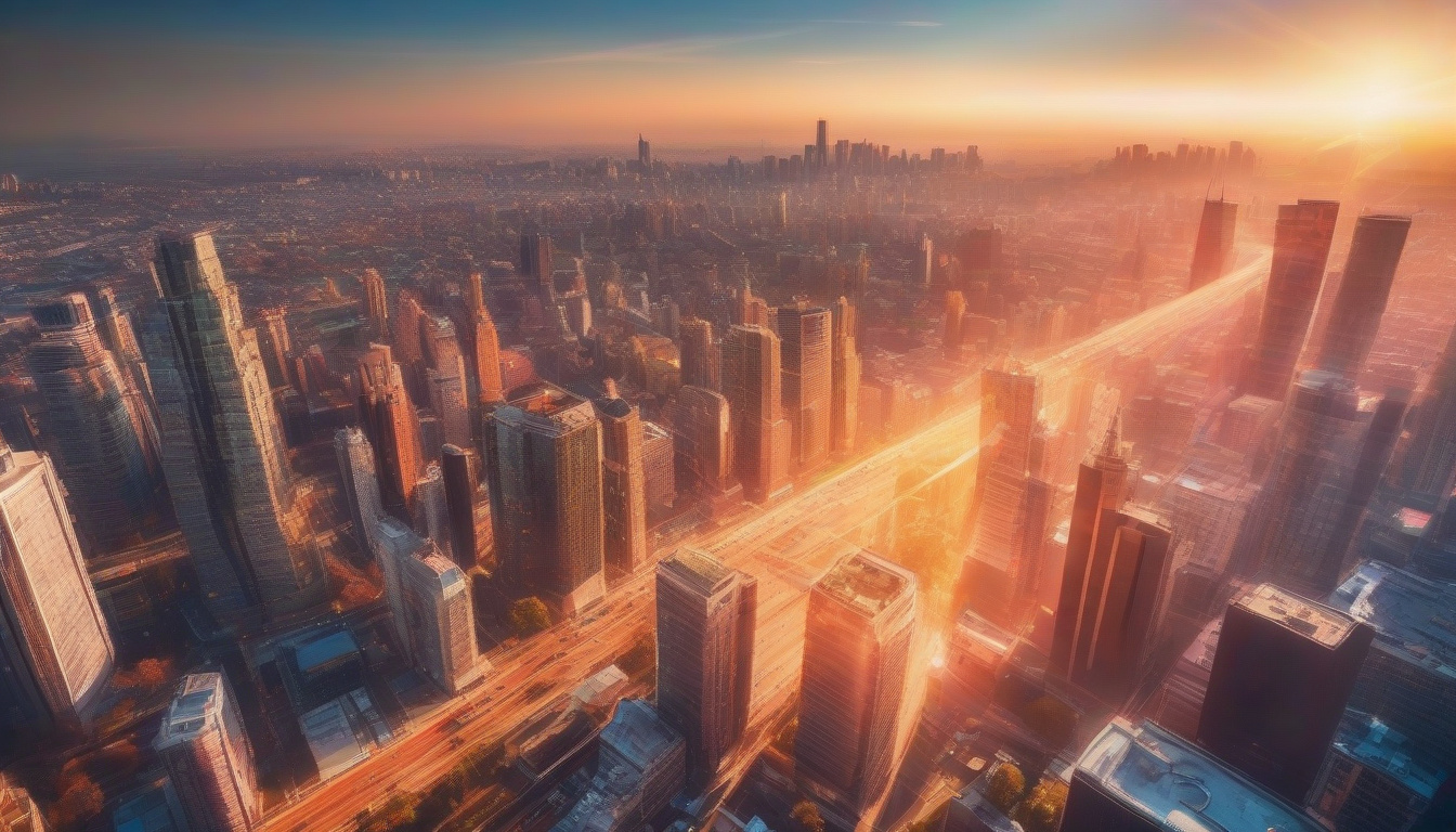  wide-angle lens capturing expansive cinematic cityscape during golden hour with lens flare effects