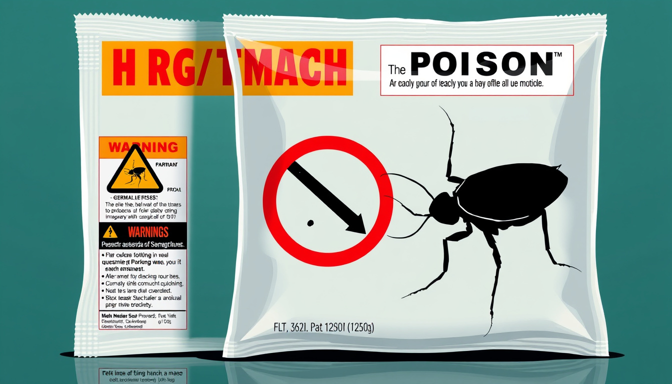  detailed illustration of chemical roach poison with warning labels, German roach silhouette on package