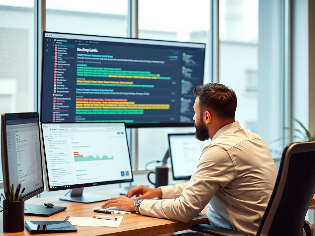 digital marketing specialist analyzing backlink profiles and competitor links on a large screen in a professional workspace