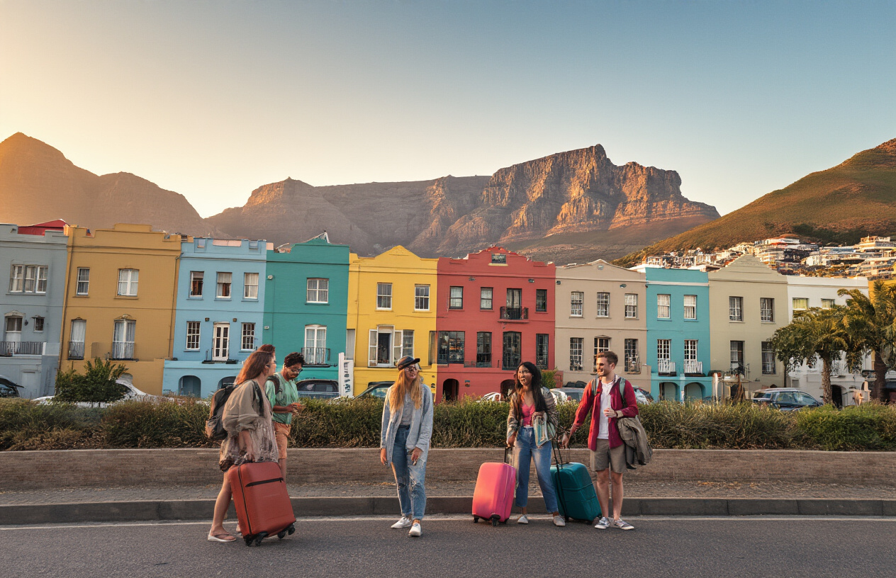 10 Best Budget Hotels in Cape Town for Every Traveler 12 Create a realistic image of a diverse group of happy travelers with their luggage standing in front of a row of colorful, affordable hotels in Cape Town with Table Mountain visible in the background during sunset, conveying the satisfying end to a budget-friendly Cape Town adventure.