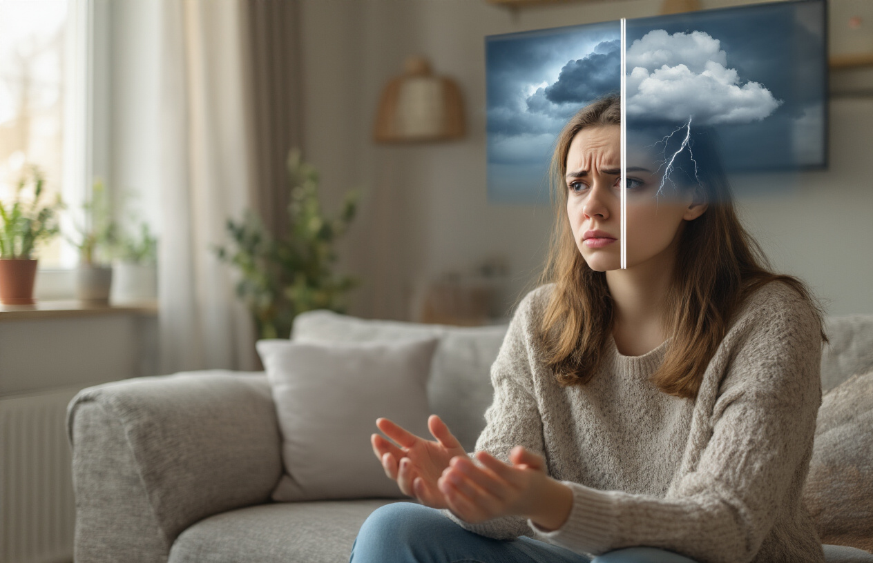 Create a realistic image of a young woman with visible signs of anxiety (hands slightly trembling, furrowed brow) sitting on a couch in a living room, looking at a split-screen visual representation floating in front of her that contrasts everyday worry (small cloud) versus clinical anxiety (storm cloud), with soft natural lighting coming through nearby windows creating a thoughtful atmosphere.