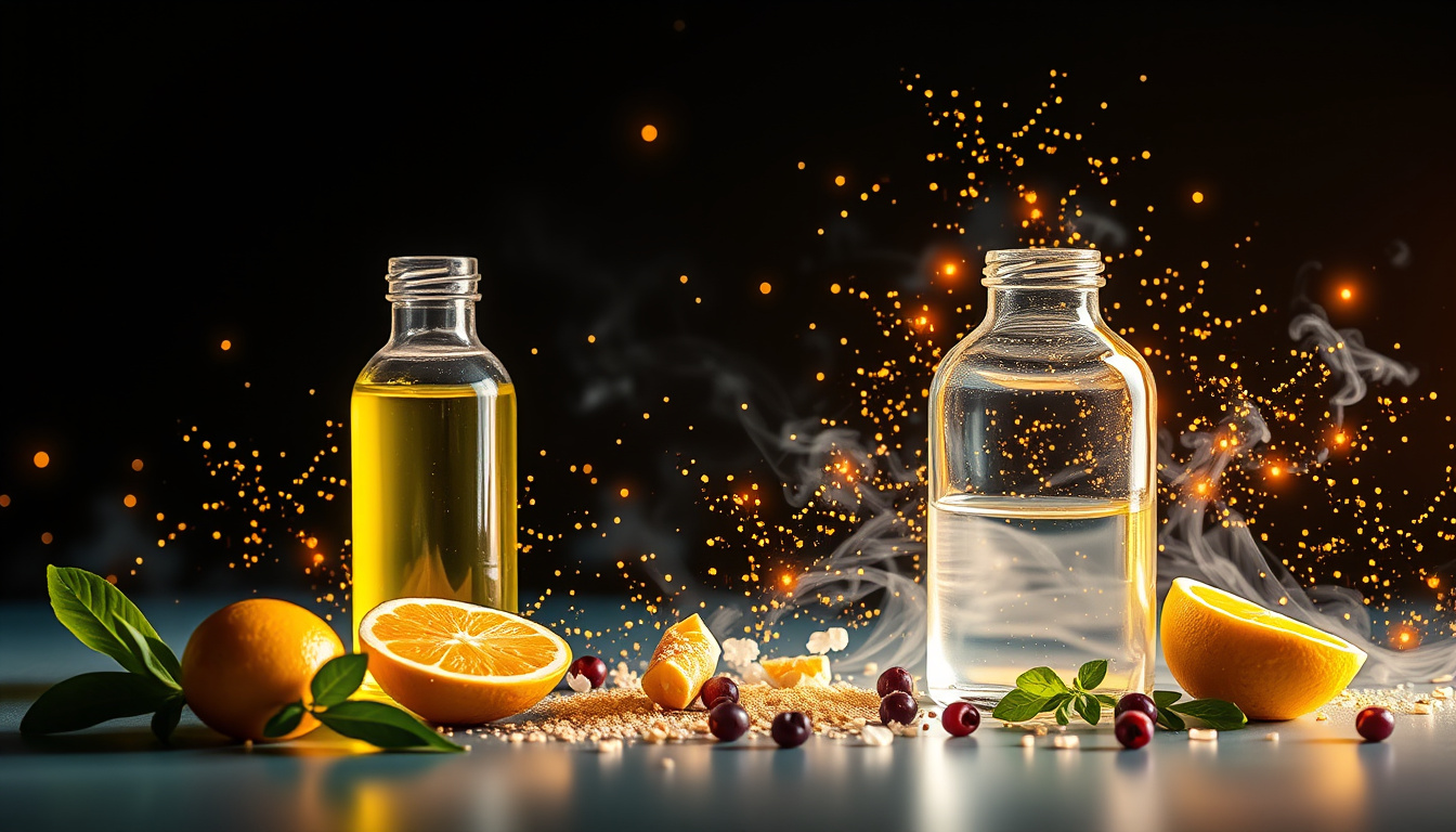  a dynamic, energetic health shot with glowing ingredients