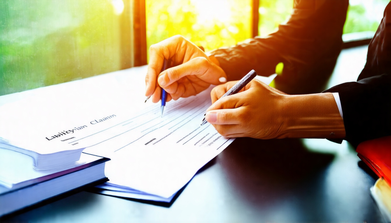  Close-up of hands signing a liability claim form, paperwork and legal books, sunlight through window