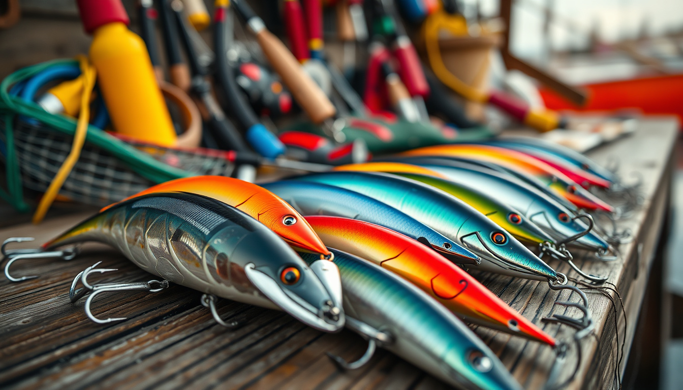  Close-up of detailed, shiny fishing lures arranged on wooden dock with fishing gear background