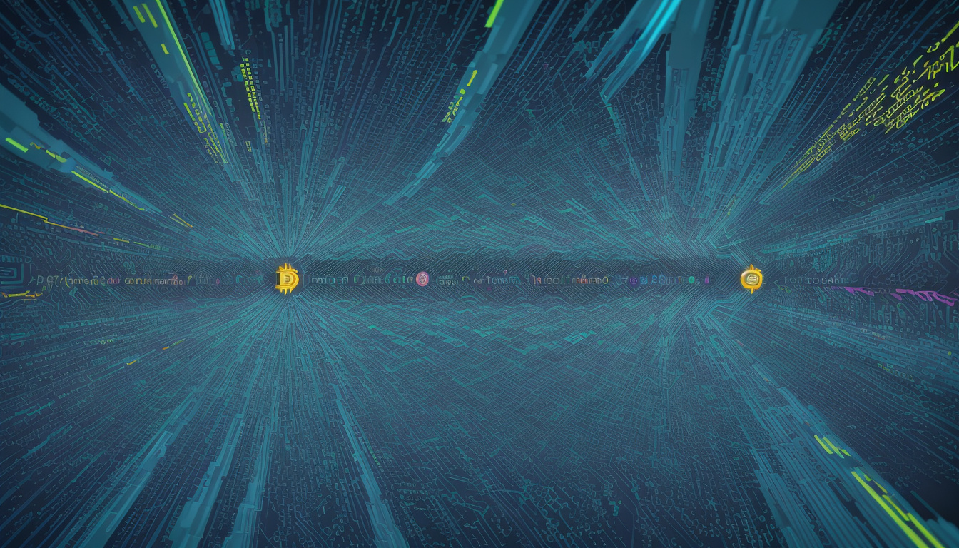  Abstract representation of seamless cryptocurrency transactions flowing across multiple blockchain platforms, vibrant colors and glowing effects