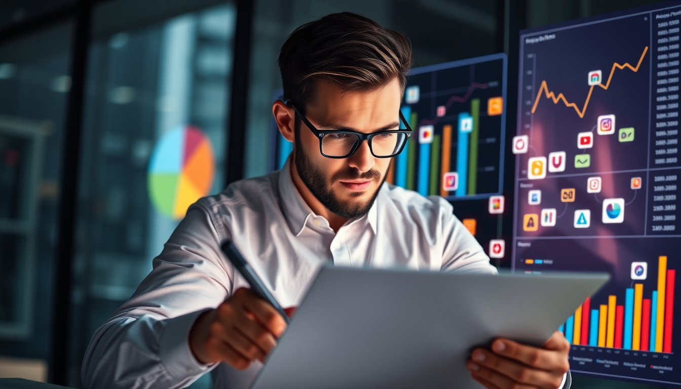 Modern marketer analyzing data charts with flashing product icons