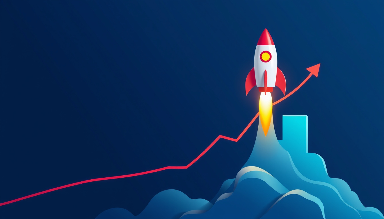 Rocket launching from marketing graph, symbolizing exponential business growth, digital art style