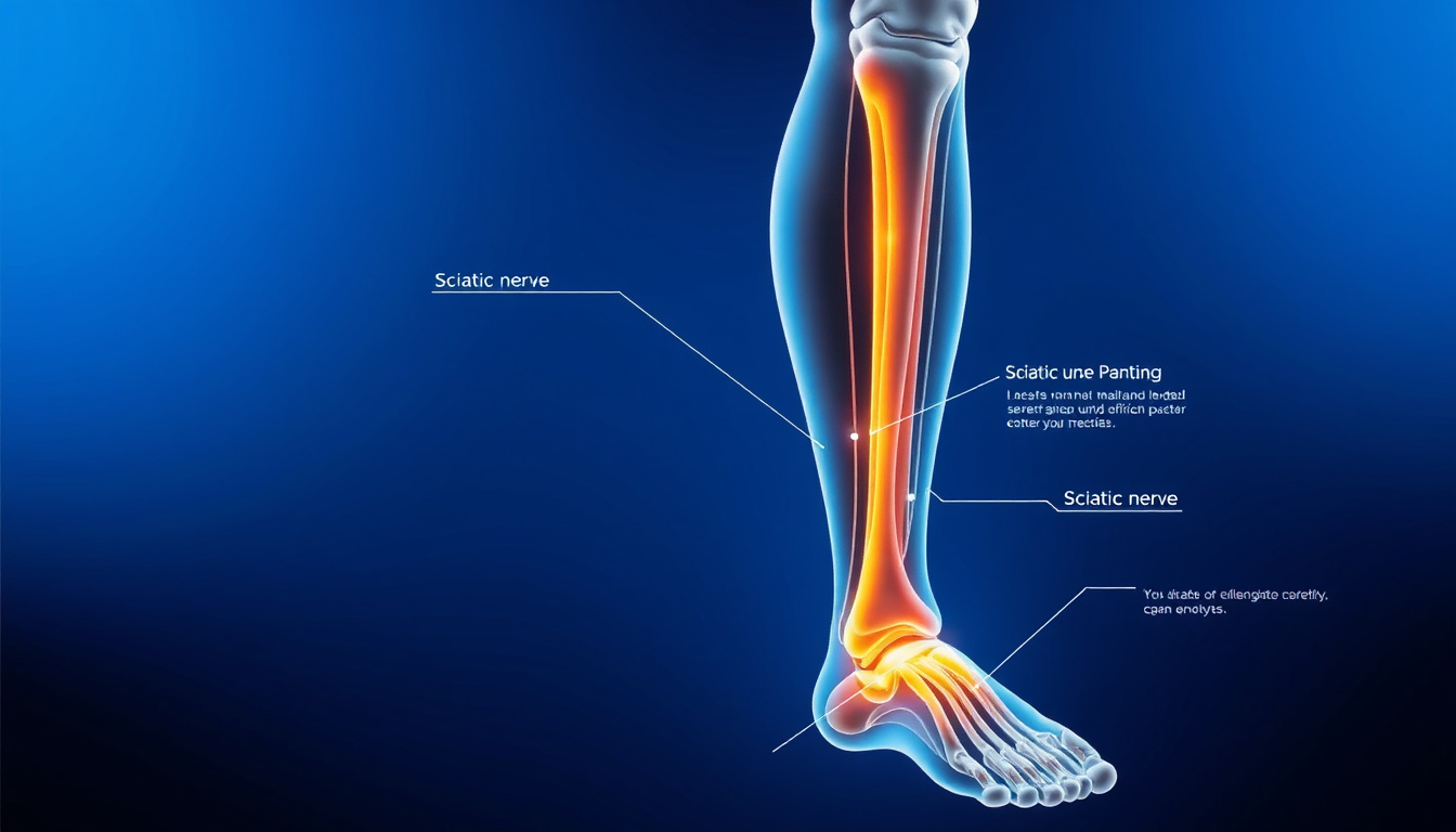  human leg cross-section highlighting sciatic nerve with labeled parts colorful medical infographic