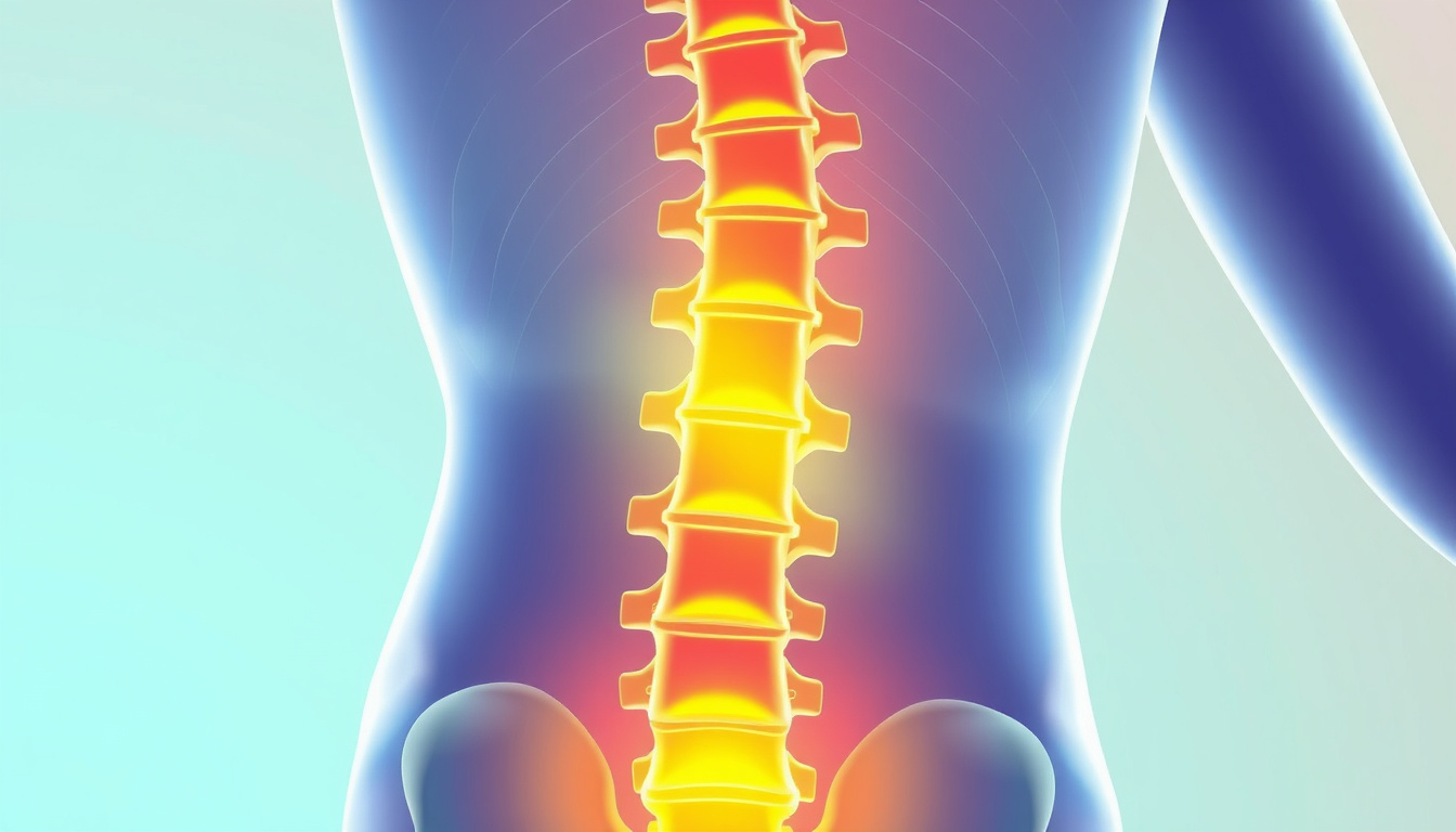  medical illustration of spine highlighting lumbar area, pain relief concept