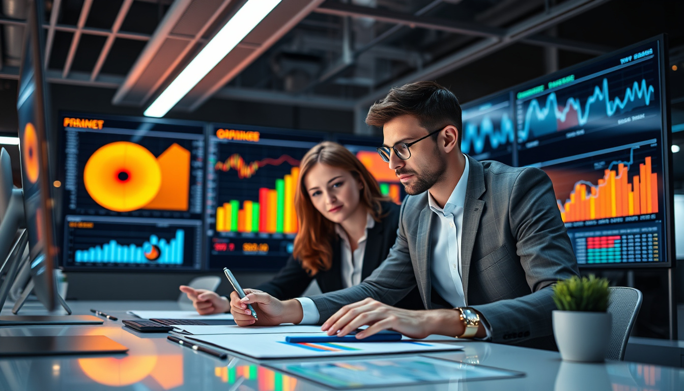 Business professionals analyzing vibrant digital charts in a high-tech office