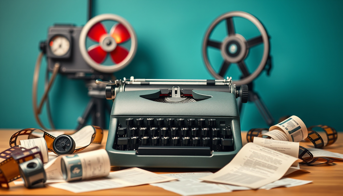  typewriter with scattered film scripts, vintage cinema projector glowing in background
