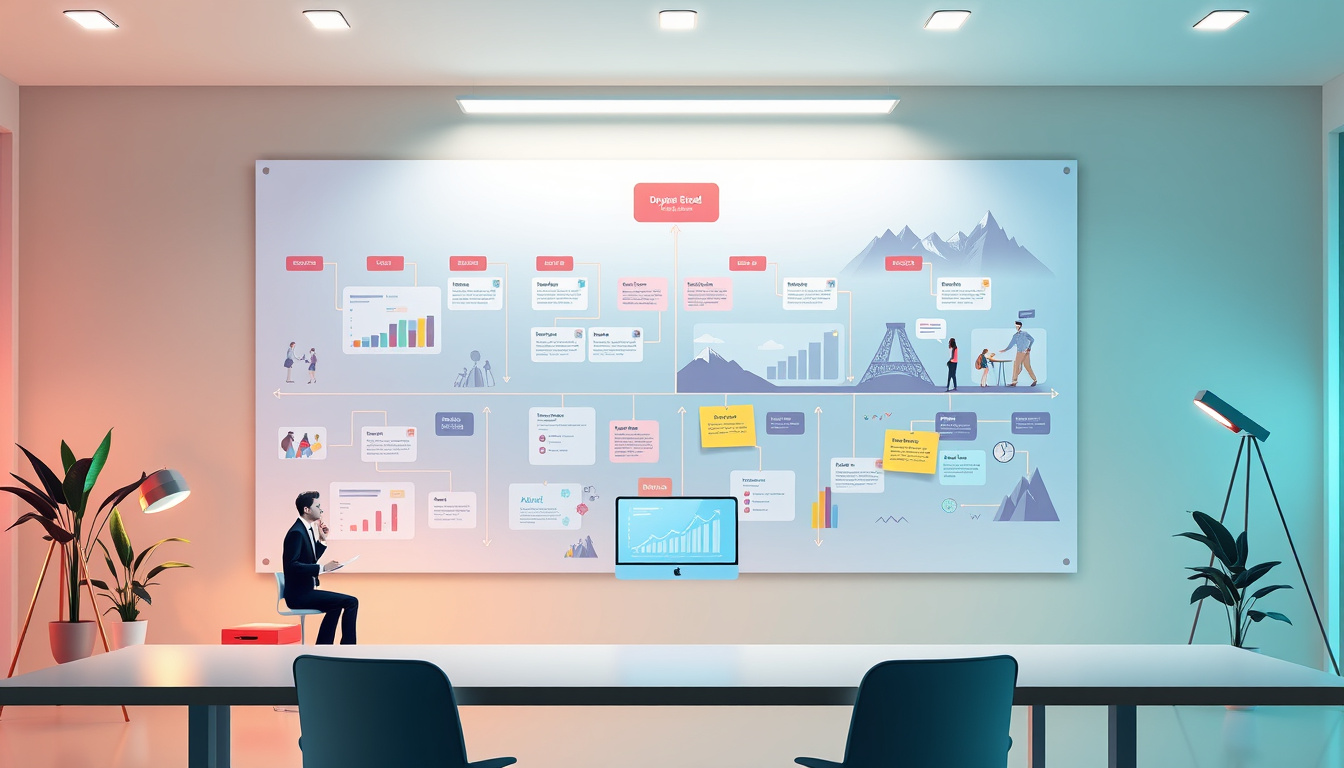  dynamic storyboard flowcharts with characters and scenes, innovative project planning tools, bright office setting