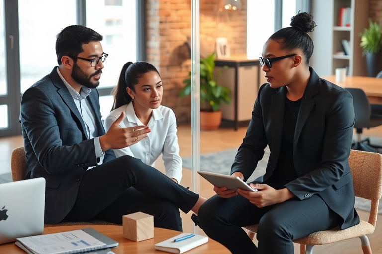professional financial coach in business casual attire discussing financial plans with a diverse client in a modern office setting with glass walls, natural light, laptops and financial charts visible, warm and inviting atmosphere