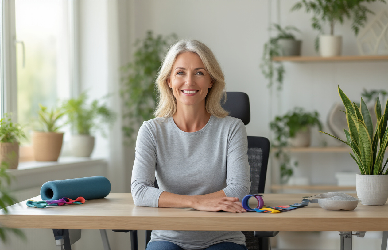 Create a realistic image of a middle-aged white female sitting at an ergonomic desk setup with proper posture, her back straight and shoulders relaxed, demonstrating healthy cervical spine alignment, surrounded by wellness elements including a foam roller, resistance bands, and a posture correction device on a clean wooden desk, with a bright, naturally lit modern office environment in the background featuring plants and soft lighting that conveys healing, recovery, and wellness, showing a peaceful and confident expression that represents successful pain management and improved quality of life, absolutely NO text should be in the scene.