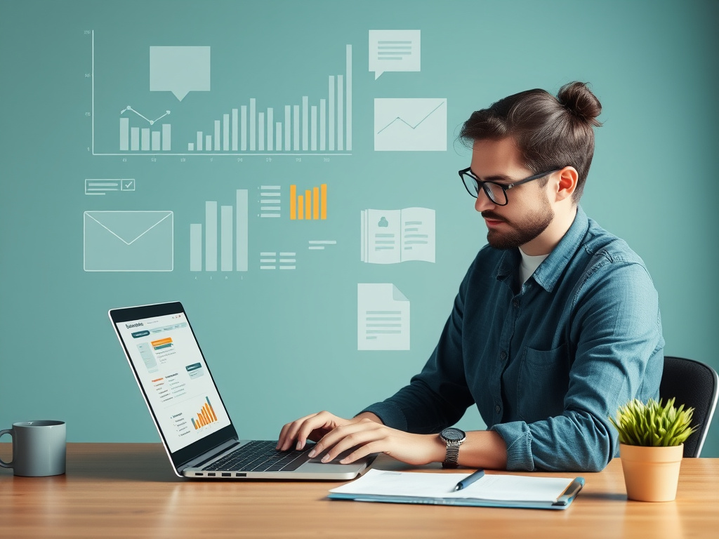 professional content writer working on a laptop with content planning tools and keyword research data