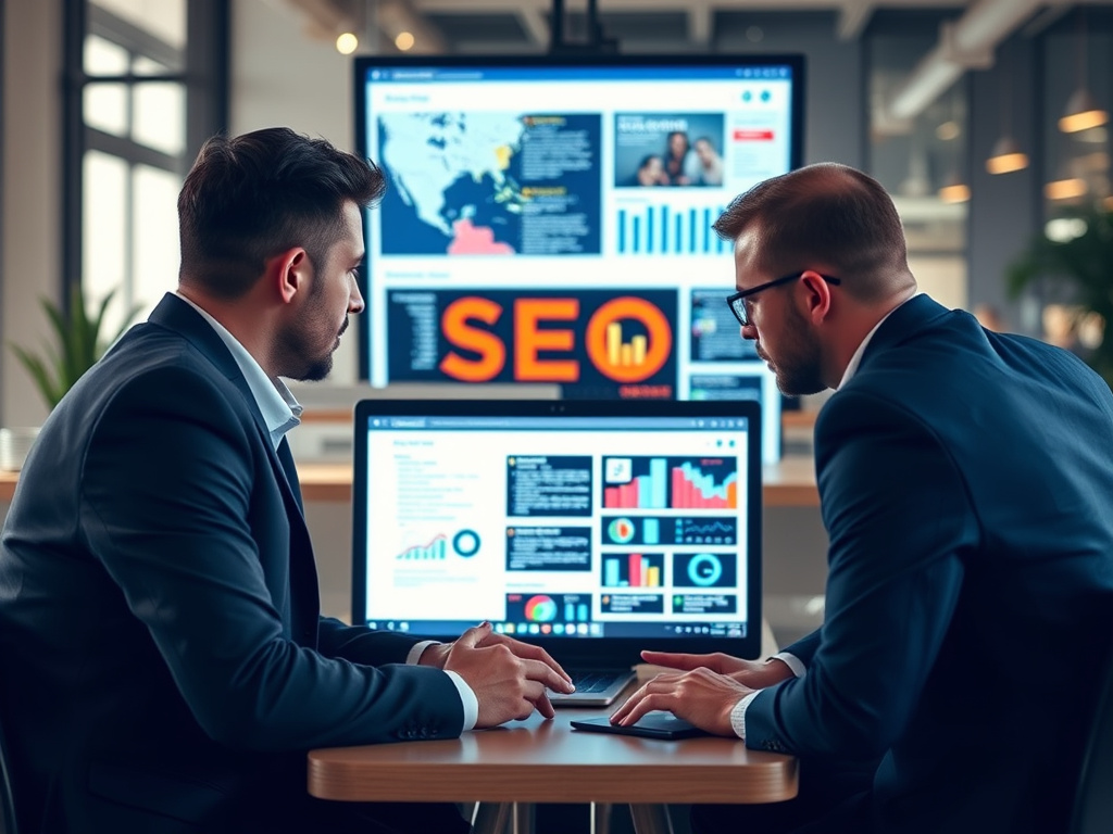 professional business team planning localized SEO content strategies on digital screens
