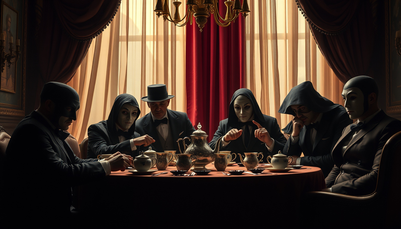 Cryptic scene of a tea party with masked attendees plotting behind curtains, conspiratorial atmosphere