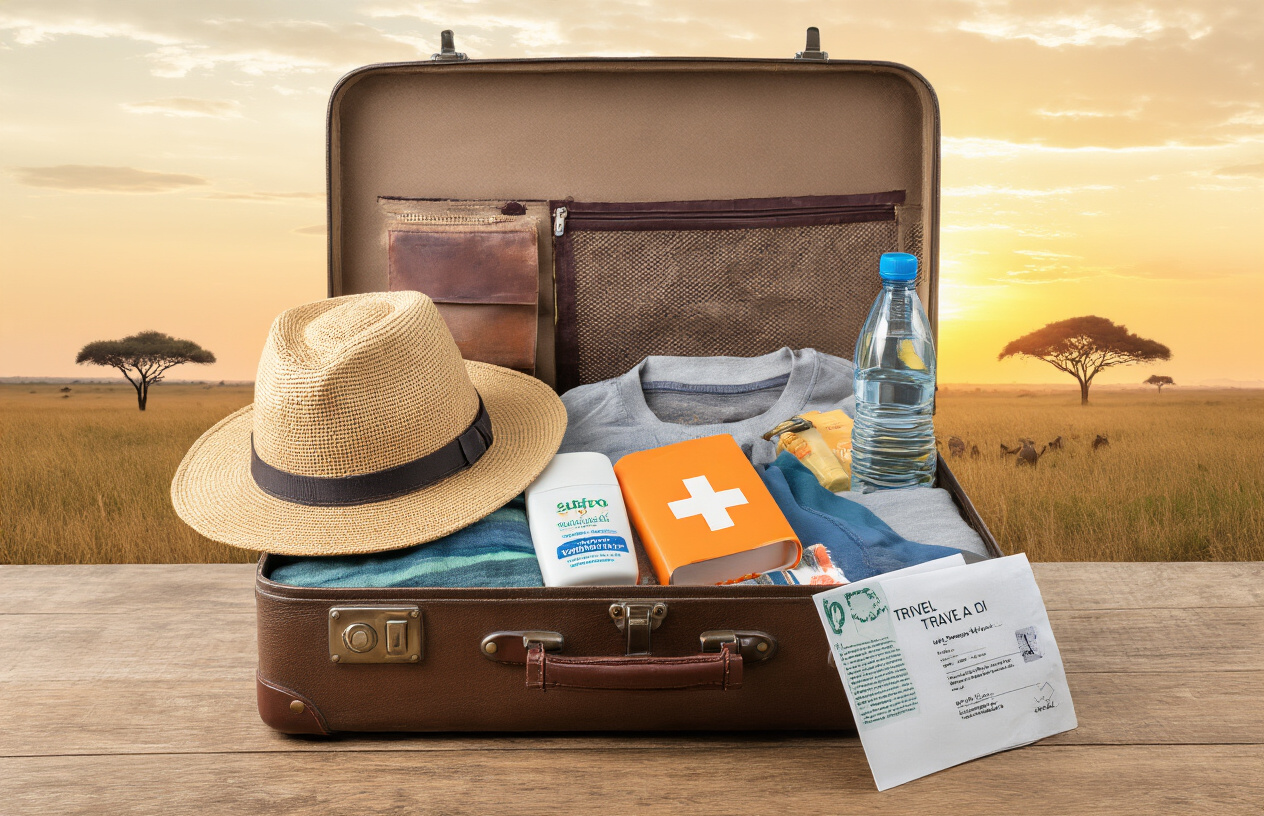 The Ultimate Africa Packing List: 25 Essential Items for Africa 11 Create a realistic image of an open suitcase on a wooden surface with neatly packed travel essentials including a safari hat, sunscreen, insect repellent, moisture-wicking clothes, a first aid kit, water bottle, and travel documents with an African landscape backdrop showing a sunset over the savanna.