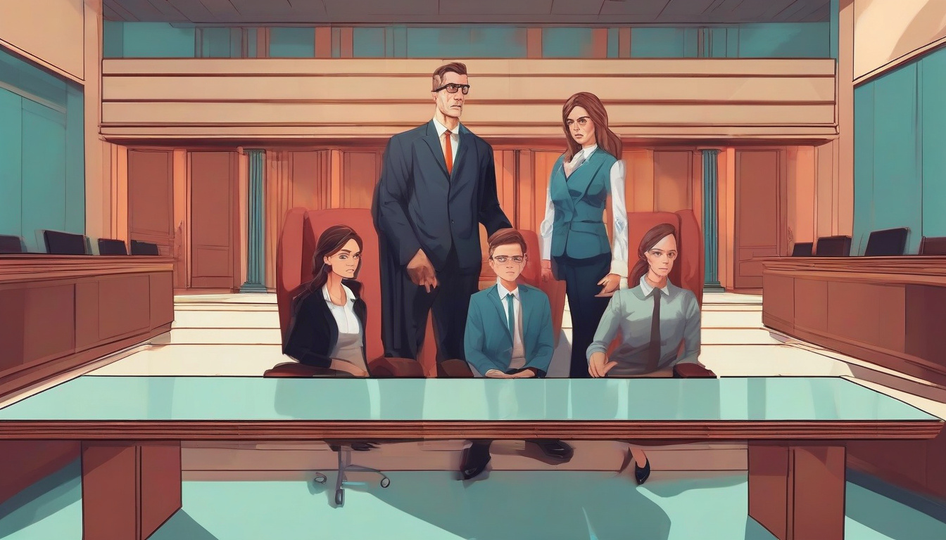  determined family in a modern courtroom, intense legal battle over inheritance, realistic style