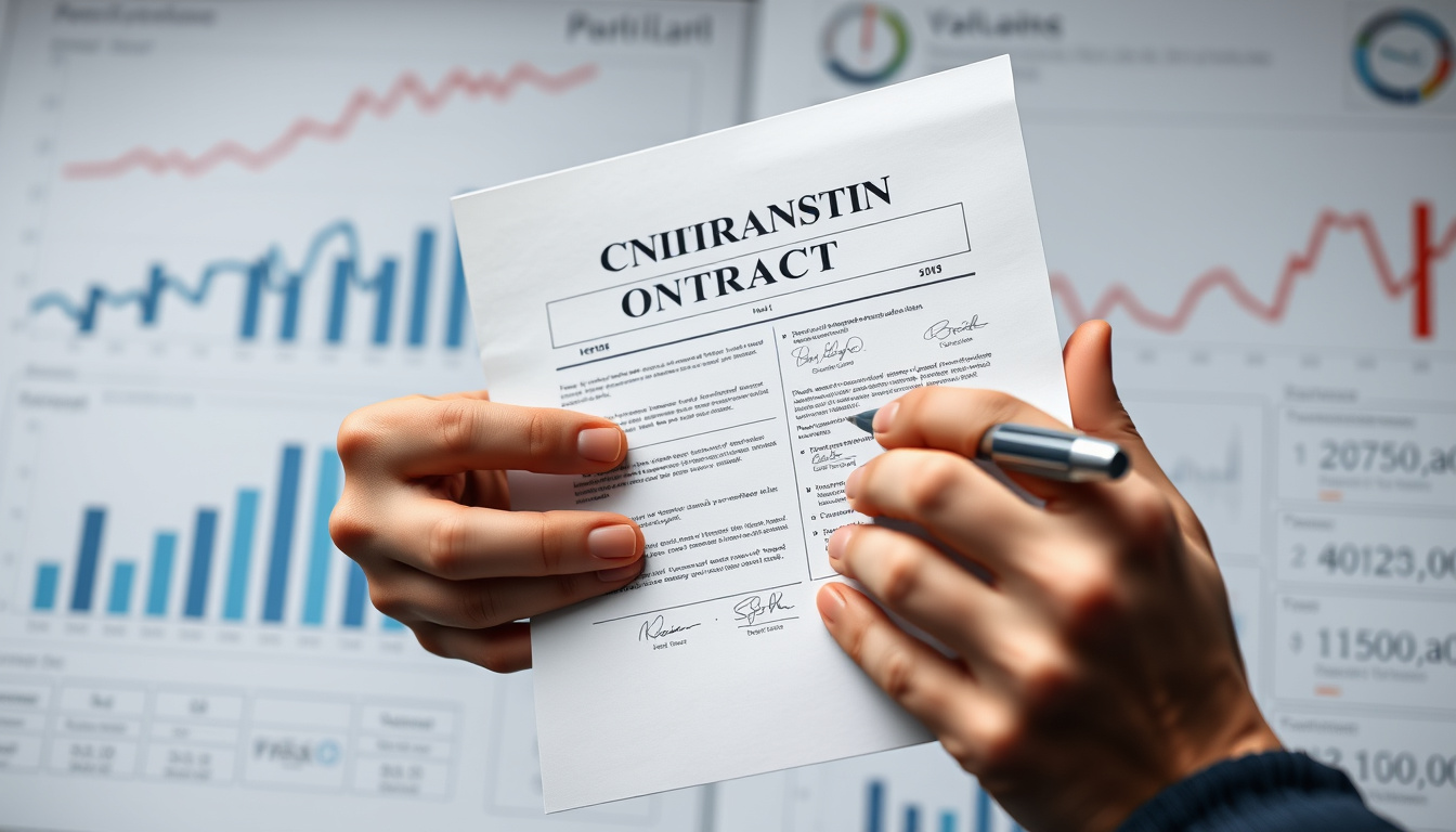  Close-up of hands holding government contract documents with digital signatures and business charts background