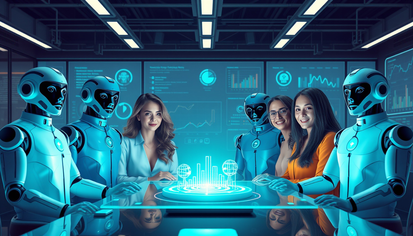  Diverse team empowered by intelligent autonomous agents, modern workspace with holograms and productivity charts
