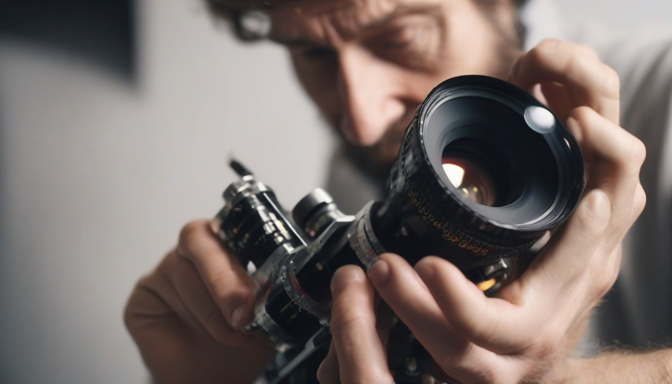  Close-up of a filmmaker adjusting a vintage film camera lens in dim studio lighting