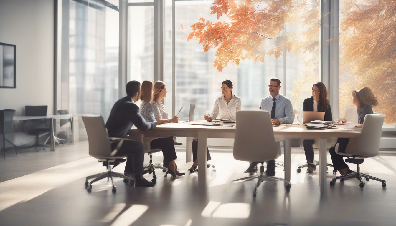  Calm financial advisor assisting diverse Canadian clients with budgeting, modern office, bright atmosphere