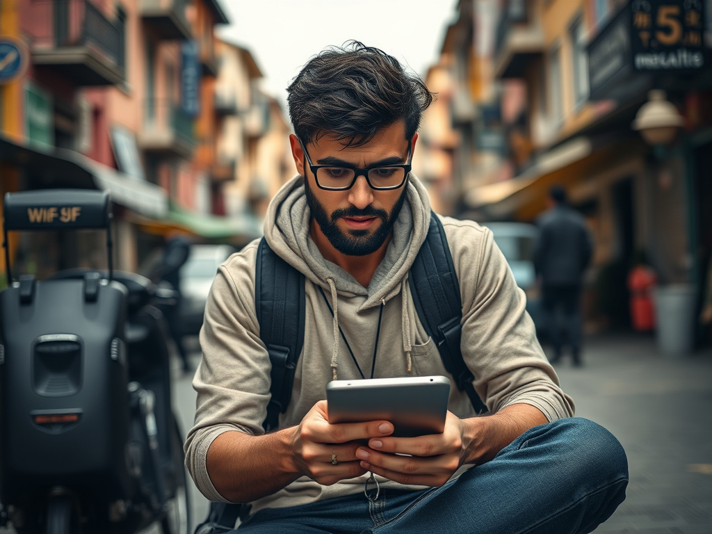 a frustrated digital nomad trying to connect to wifi in a foreign country