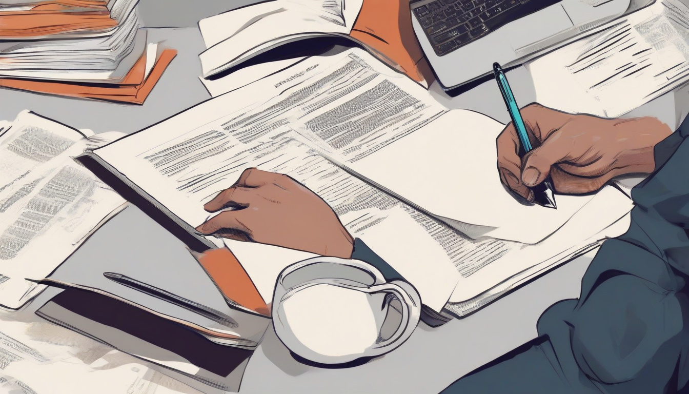  close-up of hands editing script with pen, screenplay pages and coffee nearby