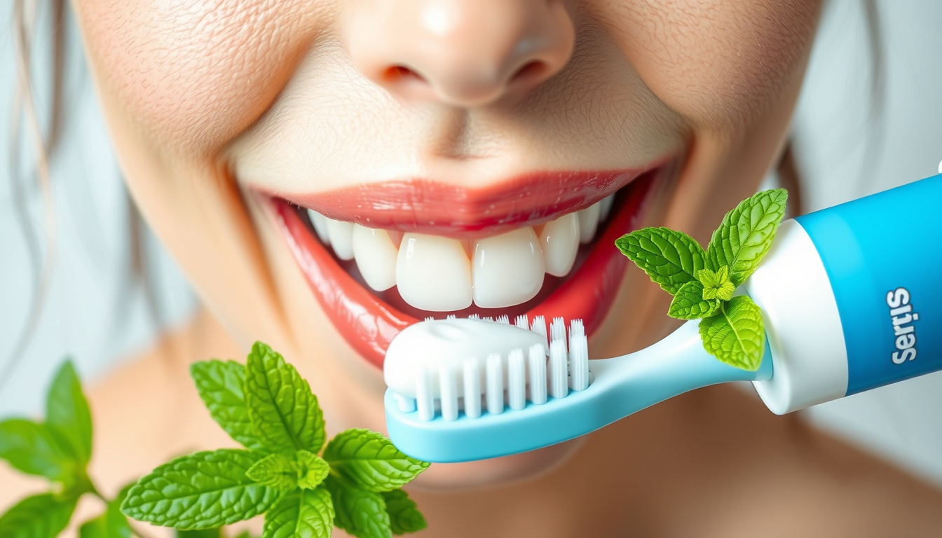  sensitive teeth concept, gentle brushing with whitening toothpaste, fresh mint leaves nearby